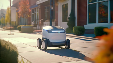 Robot vacuum cleaner on the street. 3d rendering. Technology concept.の素材