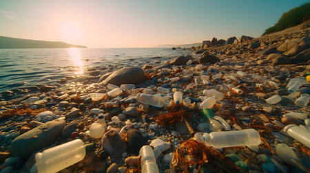 Plastic garbage on the beach at sunset. Concept of environmental pollutionの素材