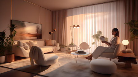 Young woman sitting in the living room and reading a book. 3d renderingの素材