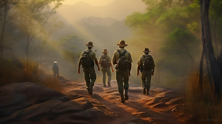 Silhouettes of soldiers walking in the forest. 3d renderingの素材