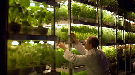 Scientist examining hydroponic plants in glasshouse at hydroponic farmの素材