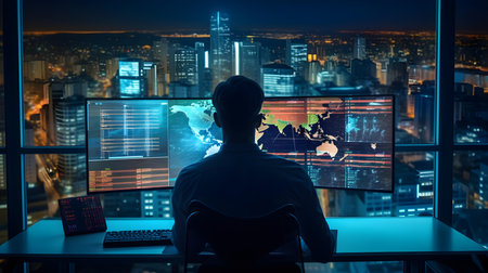 Back view of man sitting at desk in office and looking at city at nightの素材