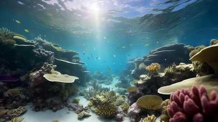 Underwater view of coral reef and tropical fishes. 3d renderingの素材