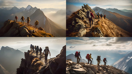 Collage of a group of hikers on the top of a mountain.の素材