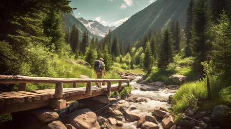 Hiking in the mountains with a backpack and tent on the wooden bridgeの素材
