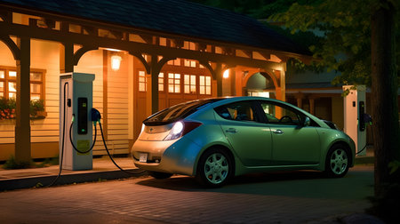 Green electric car at the charging station at night. Concept of ecological transport.の素材