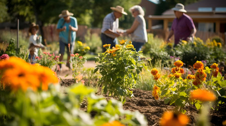 Senior people gardening in the garden on a sunny day. Selective focus.の素材