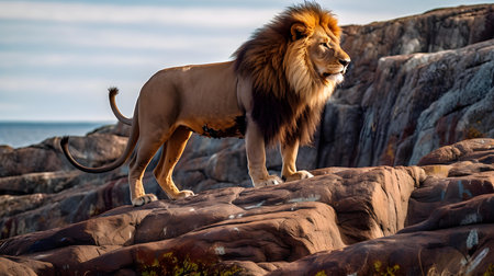 Big male lion standing on a rock by the sea in Namibiaの素材