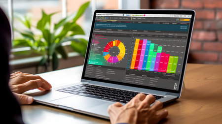 Businessman analyzing data on laptop screen. Accounting and investment concept.の素材