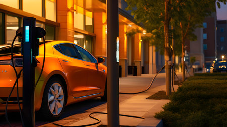 Modern electric car at night on the street. Renewable eco technologies.の素材