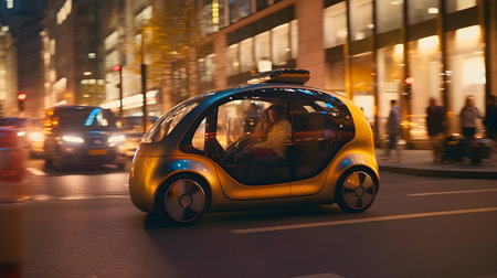 A yellow electric scooter drives through the streets of Manhattan at night.の素材