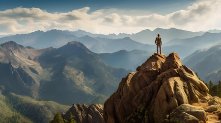 Man standing on top of a mountain and looking at the valley.の素材