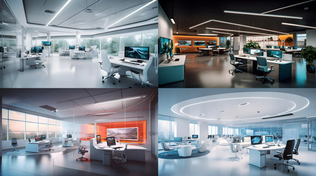 Collage of modern office interior. 3D rendering. Computer generated image.の素材