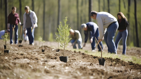 Group of people planting trees in the garden, focus on young treeの素材