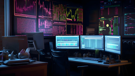 Computer room with monitors and stock market data. 3d rendering.の素材