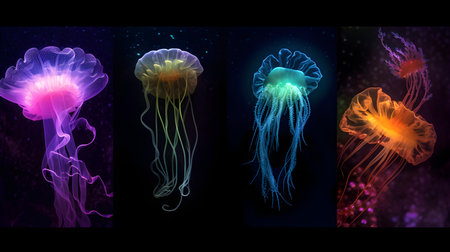 Set of jellyfish on the black background. 3d illustration.の素材