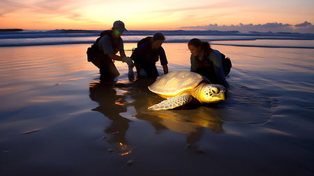 Hawaiian Green Sea Turtle at Sunset on Oahu, Hawaiiの素材