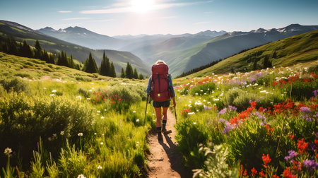 Hiker with backpack on the trail in the high alpine mountainsの素材