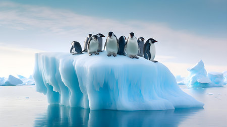 Group of penguins on icebergs in Antarctica. 3D renderingの素材