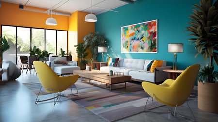 Interior of modern living room with orange walls, concrete floor, yellow sofa and armchairs. 3d renderingの素材