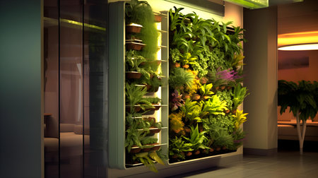 Interior of a modern office building with plants in pots. 3D renderingの素材