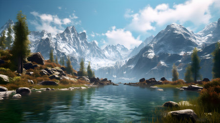 Beautiful landscape with lake and mountains in the background - 3d renderの素材