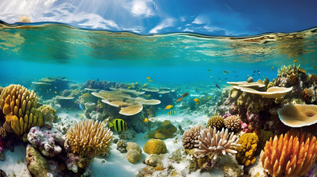Underwater view of tropical coral reef with fishes and corals.の素材