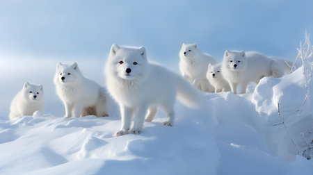 Group of white arctic foxes standing in the snow in winterの素材