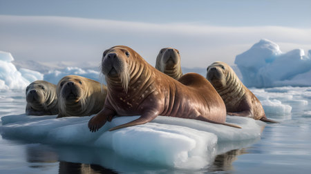 Group of sea lions resting on the ice floe in Antarctica.の素材