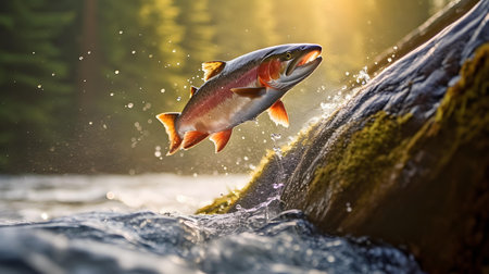 Rainbow trout jumping out of the water on a log in the forestの素材