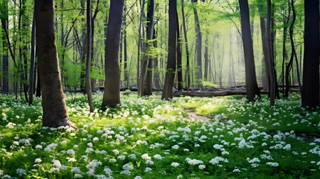 beautiful green forest in the morning with morning dew and white flowersの素材
