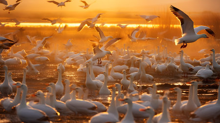 Snow geese (Cygnus cygnus) and flock of white swans at sunrise.の素材