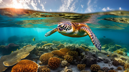 Hawaiian Green Sea Turtle (Eretmochelys imbricata) swimming in coral reef at sunset.の素材