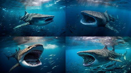 Collage of sharks in the deep blue ocean. 3D renderingの素材