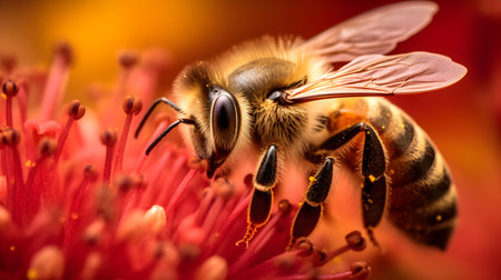 Macro shot of a bee collecting pollen from a red flower.の素材