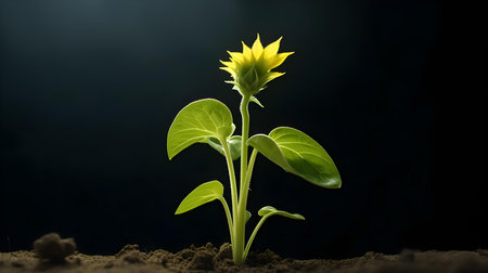 Sunflower seedling growing from seed on black background with copy spaceの素材