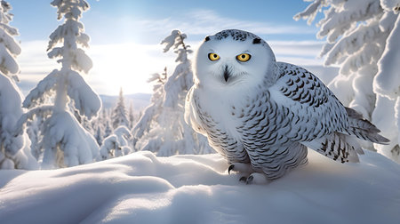 Snowy owl in the winter forest. Beautiful winter landscape with snowy treesの素材