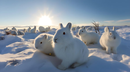 Group of white rabbits in winter snow with sun on the background.の素材