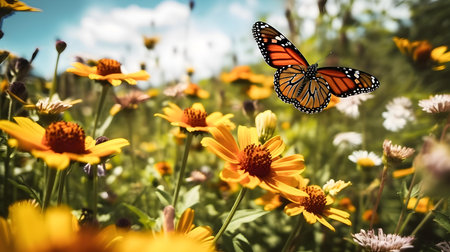 Monarch butterfly on yellow flowers in the meadow. Selective focus.の素材