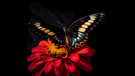 Butterfly on a red zinnia flower isolated on black backgroundの素材