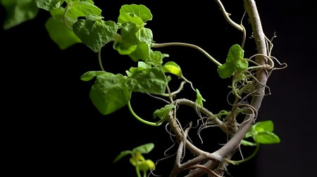 Green ivy growing on a branch with roots on a black backgroundの素材