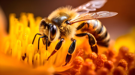 Bee on yellow flower. Macro photography. Shallow depth of field.の素材