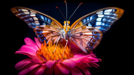 Butterfly on a pink flower on a black background close upの素材