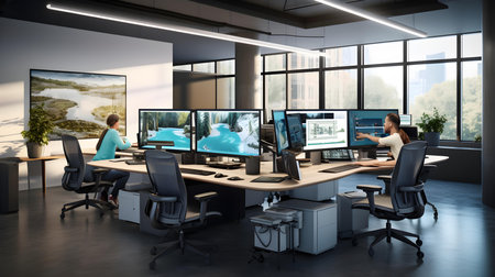 Business people working on computers in modern office. 3D rendering.の素材