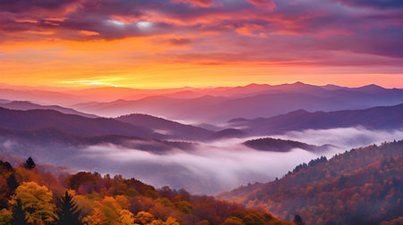 Majestic sunset in the mountains landscape. Colorful autumn landscape.の素材