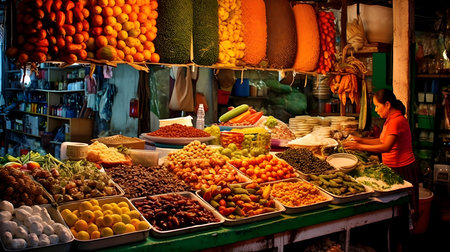 Fruits and vegetables at a market in the city of Kathmandu in Nepal.の素材