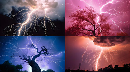 Collage of different images with lightning strikes and silhouettes of treesの素材