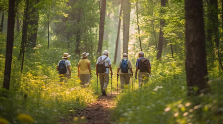 Group of senior people hiking in the forest. Retired people with backpacks and trekking poles.の素材