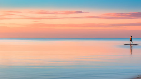 Silhouette of a woman on a stand up paddle board at sunsetの素材