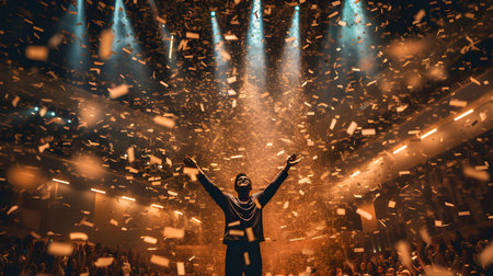 Rear view of a man with raised hands standing in front of the stage with confettiの素材
